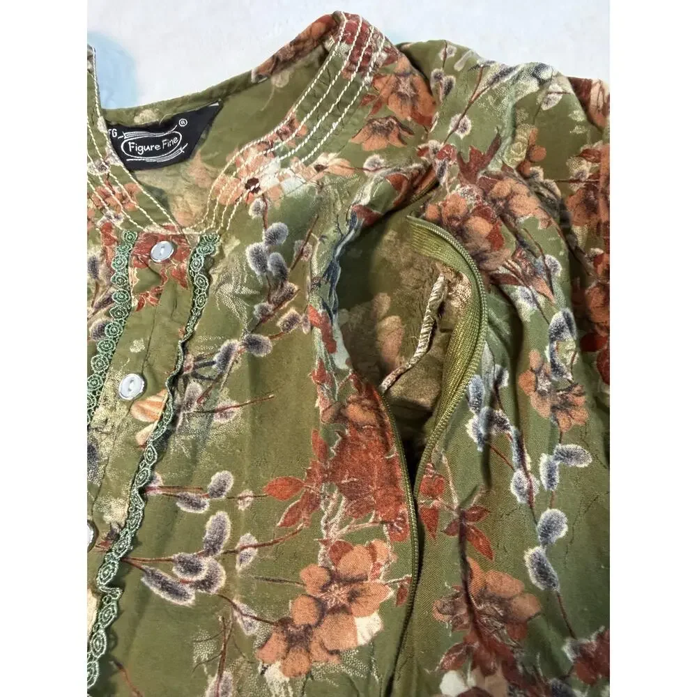 Nursing Maternity Modest Olive Green Floral Midi Dress